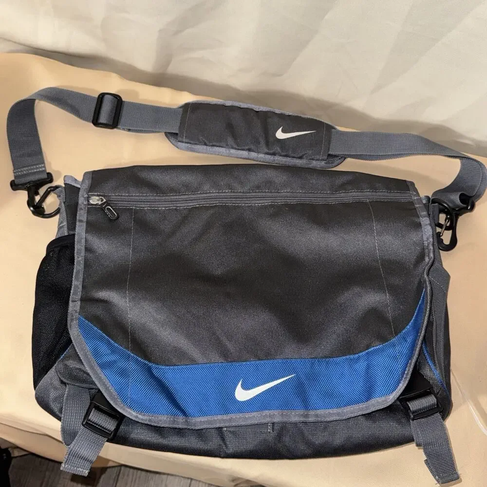 Vintage Nike Messenger Bag Gray Blue Laptop Shoulder School Y2K Bookbag 2000s